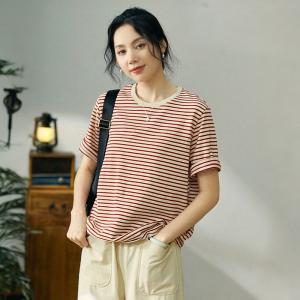 Crew Neck Striped T-shirt Cotton Casual Tee for Women