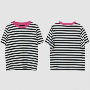 Chunky Striped Short Sleeves Tee Cotton Rose Neck T-shirt