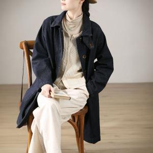 Copenhagen Style Midi Length Denim Trench Coat with Stand Collar