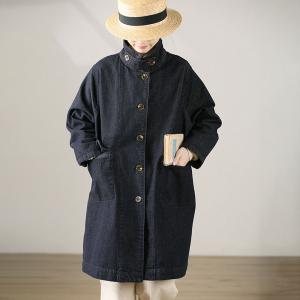 Copenhagen Style Midi Length Denim Trench Coat with Stand Collar