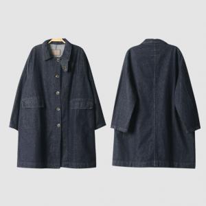 Copenhagen Style Midi Length Denim Trench Coat with Stand Collar