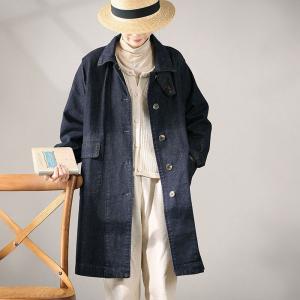 Copenhagen Style Midi Length Denim Trench Coat with Stand Collar