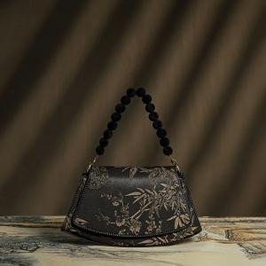 Beading Handle Chinese Fan Bag Printed Mulberry Silk Designer Bag