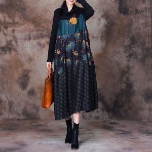 Yellow Flowers Patchwork Blue Sweater Dress with Mock Neck