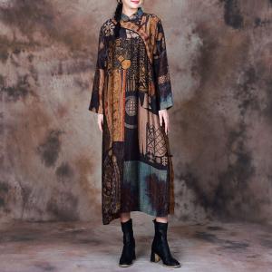 Mandarin Neck Folk Eastern Dress Loose Side Slit Dress