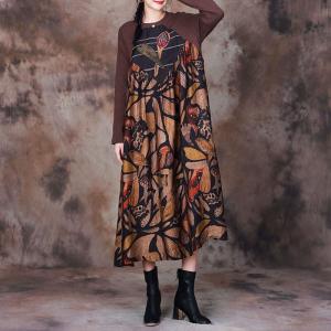 Handmade Applique Loose Shift Dress Printed Crew Neck Dress