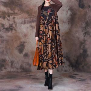 Handmade Applique Loose Shift Dress Printed Crew Neck Dress