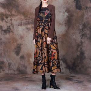 Handmade Applique Loose Shift Dress Printed Crew Neck Dress