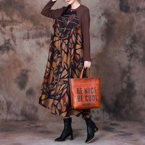 Handmade Applique Loose Shift Dress Printed Crew Neck Dress