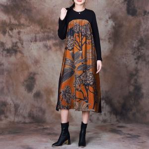 Black Sleeves Tree Patterned Dress Yellow Midi Dress