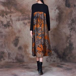 Black Sleeves Tree Patterned Dress Yellow Midi Dress