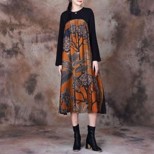 Black Sleeves Tree Patterned Dress Yellow Midi Dress