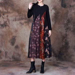 Flowers Colored Patchwork Sweater Dress Baggy Shift Dress