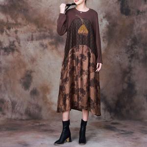 Stereo Applique Coffee Sweater Dress Tree Patterned Dress