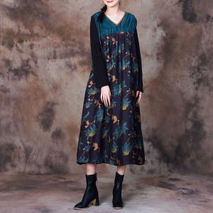 V-Neck Blue Flowers Dress Winter Elegant Concert Dress