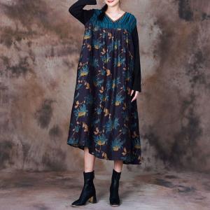 V-Neck Blue Flowers Dress Winter Elegant Concert Dress