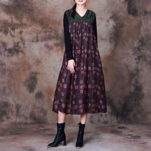 Dotted Flowers Purple Dress Autumn Pleated Kimono Dress