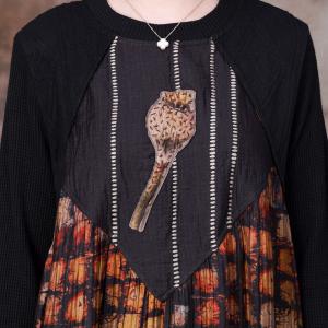 Applique Yellow Checkered Dress Black Sleeves Loose Knit Dress