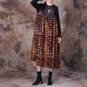 Applique Yellow Checkered Dress Black Sleeves Loose Knit Dress