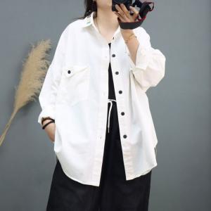 Letter Embroidery Oversized Shacket Long Sleeves Cotton Shirt