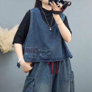 Patched Pockets Crew Neck Denim Vest