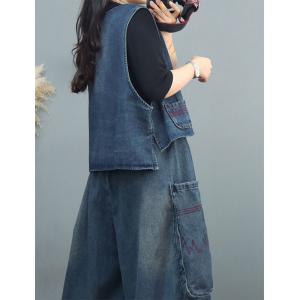 Patched Pockets Crew Neck Denim Vest