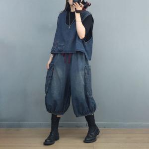 Patched Pockets Crew Neck Denim Vest