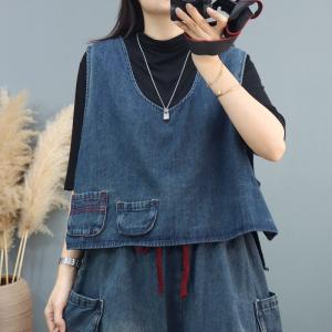 Patched Pockets Crew Neck Denim Vest