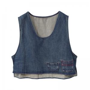 Patched Pockets Crew Neck Denim Vest