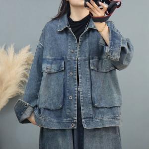 Huge Flap Pockets Denim Boyfriend Jacket with Long Sleeves