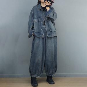 Huge Flap Pockets Denim Boyfriend Jacket with Long Sleeves