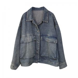 Huge Flap Pockets Denim Boyfriend Jacket with Long Sleeves