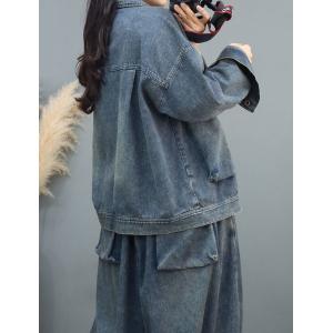 Huge Flap Pockets Denim Boyfriend Jacket with Long Sleeves