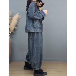 Huge Flap Pockets Denim Boyfriend Jacket with Long Sleeves