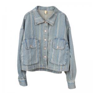 Vertical Striped Light Wash Jacket Polo Neck Jean Jacket