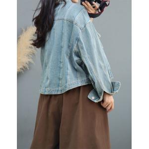 Vertical Striped Light Wash Jacket Polo Neck Jean Jacket