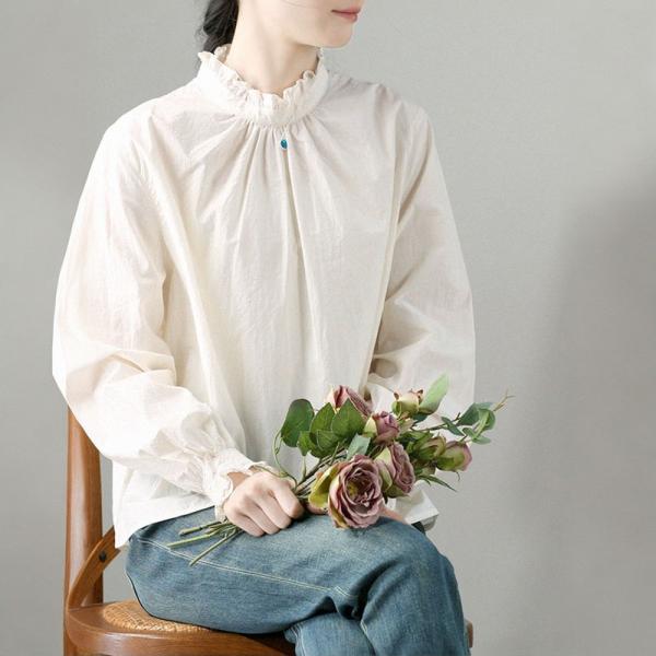 Stand Ruffle Collar Cotton Blouse Back Button Oversized Shirt