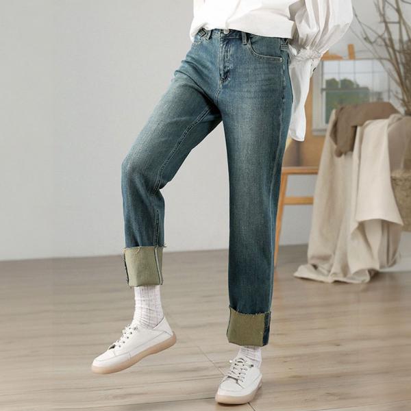 High Waist Straight Cigarette Jeans Cozy Cuffed Jeans