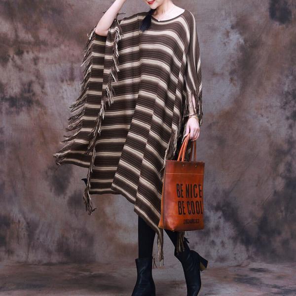 Chunky Striped Tassel Dress Plus Size Cashmere Poncho Dress