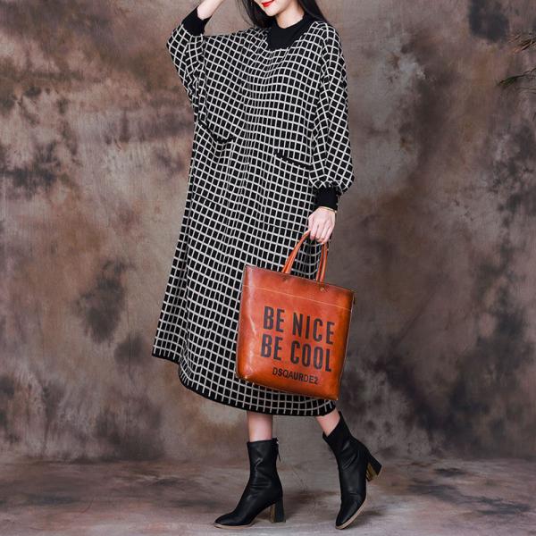 Puff Sleeve Checkered Dress Loose Wool Dress