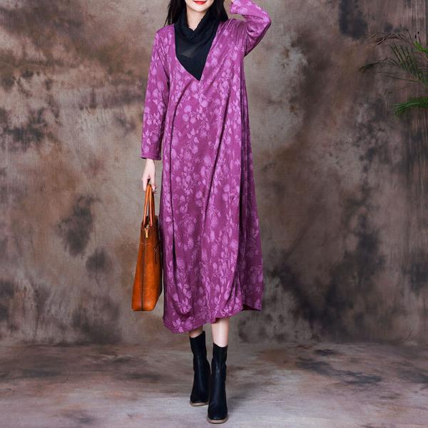 Draped Collar Printed Designer Dress Woolen Loose Dress