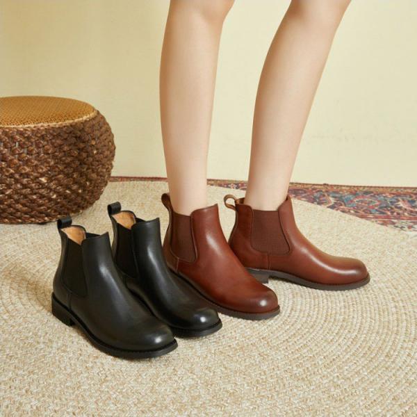 Chunky Low Heels Leather Ankle Chelsea Boots