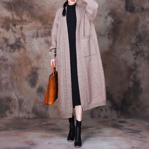 Puff Sleeves Chunky Knit Cardigan Loose Long Overcoat