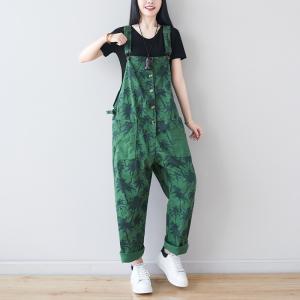 Trees Pattern Straight Pockets Cotton Overalls Womans Pink Jumpsuits