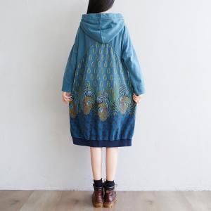 Over50 Style Cotton Folk Dress Large Size Printed Hooded Dress