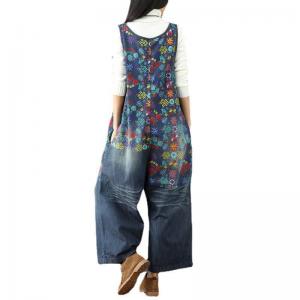 U Neck Cotton Floral Overalls Plus Size Denim Wide Leg Jumpsuits