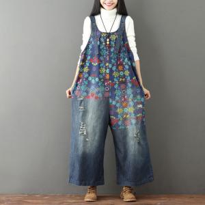 U Neck Cotton Floral Overalls Plus Size Denim Wide Leg Jumpsuits