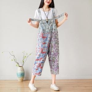 Letter Leaves Printed Dungarees Baggy Casual Jumpsuits for Woman