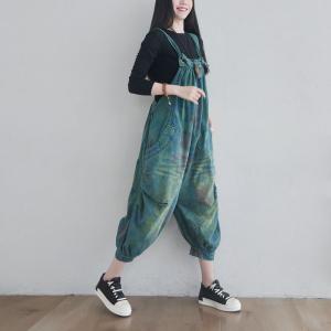 Vintage Green Flowers Cotton Overalls Ripped Dungaree for Plus Size Woman