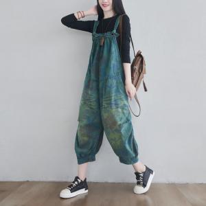 Vintage Green Flowers Cotton Overalls Ripped Dungaree for Plus Size Woman